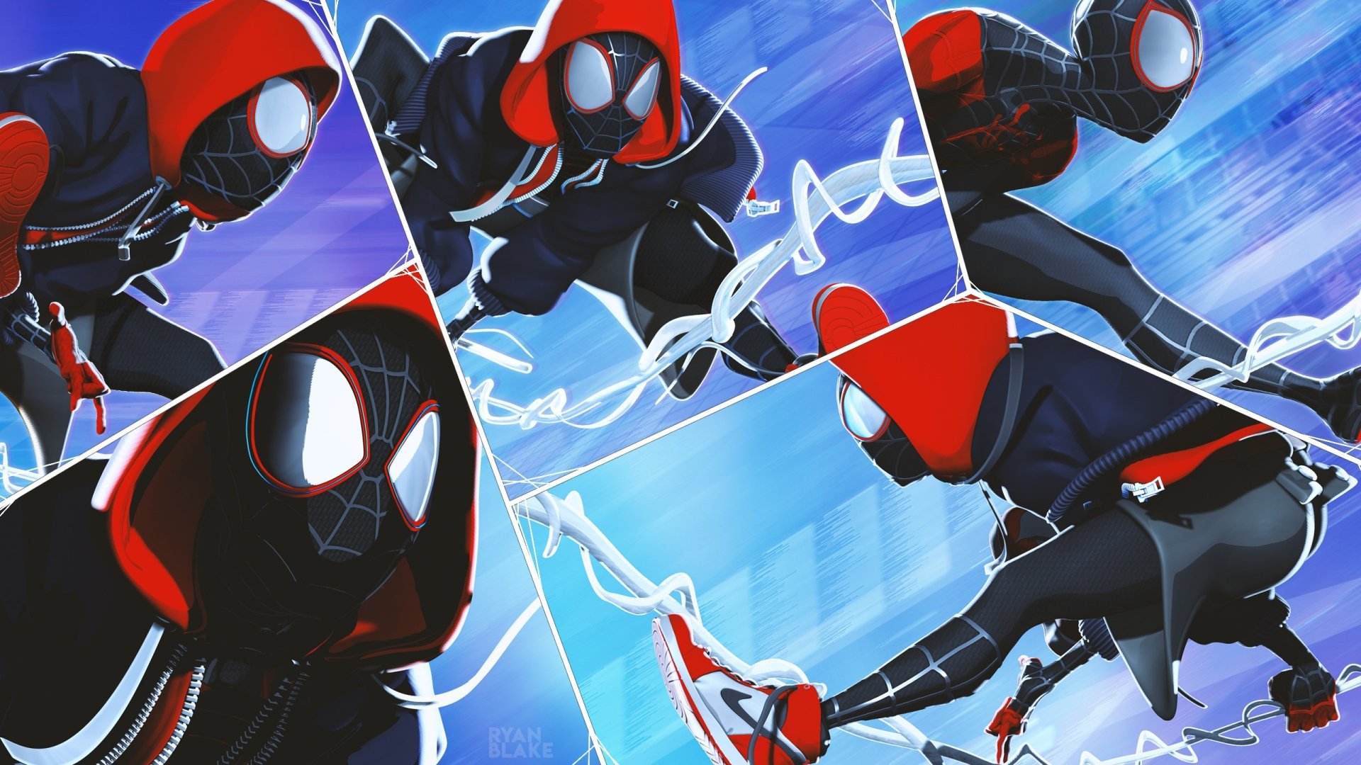 Miles Morales as Spider-Man in multiple dynamic poses, comic-style art and webbing from the movie Spider-Man: Into the Spider-Verse; 2K Quad HD PC desktop wallpaper background.