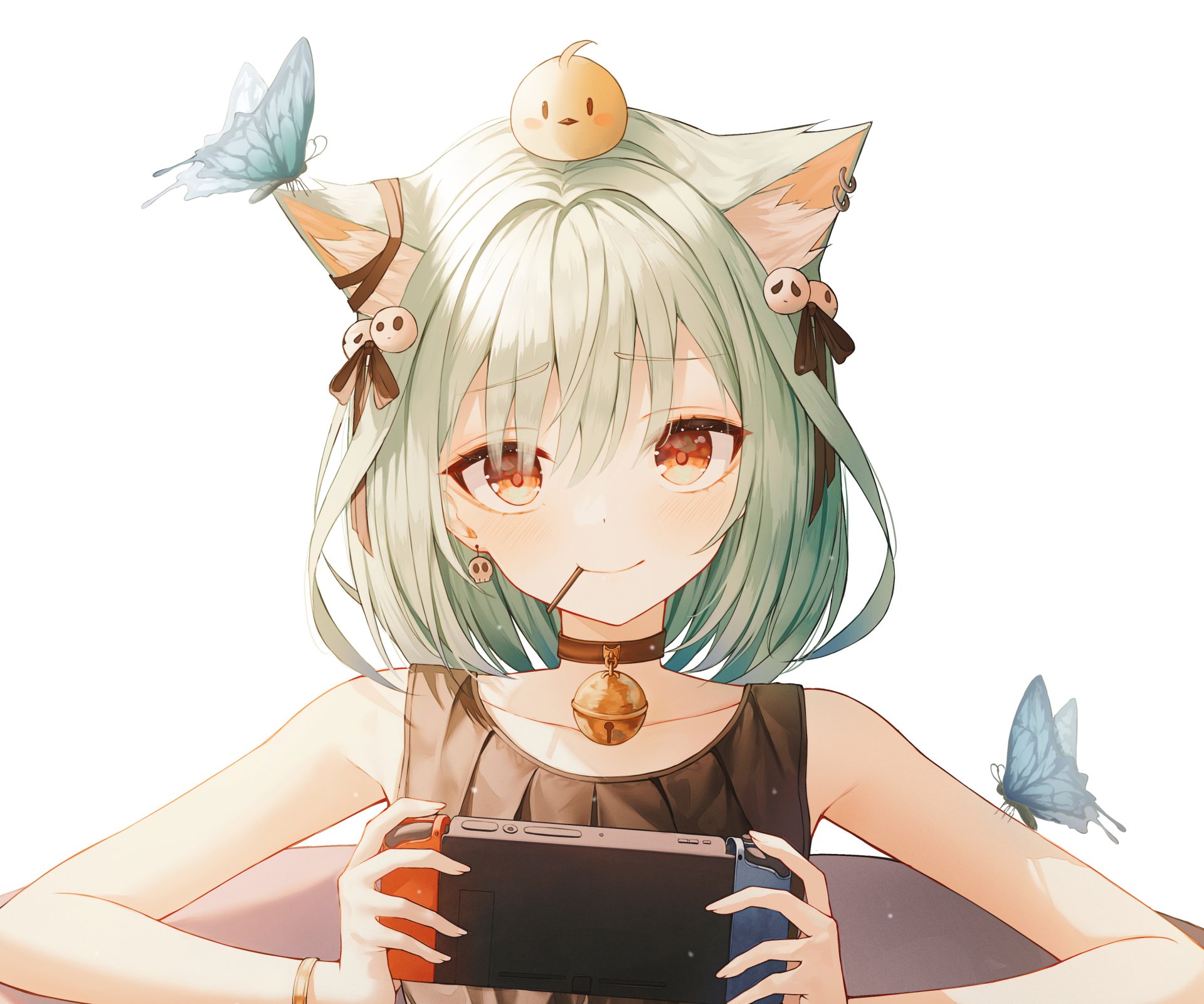 4K PC wallpaper of hololive VTuber Uruha Rushia — cat-eared anime girl with mint-green hair, bell choker, butterflies, smiling while holding a game controller.