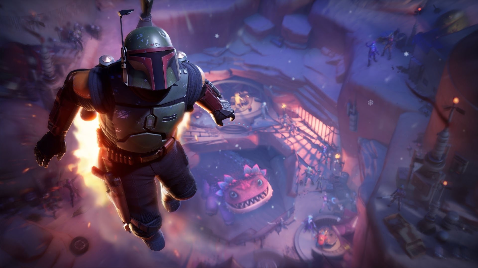 Boba Fett descending into a neon-lit Fortnite arena, cinematic video game scene rendered as an HD PC desktop wallpaper and background.
