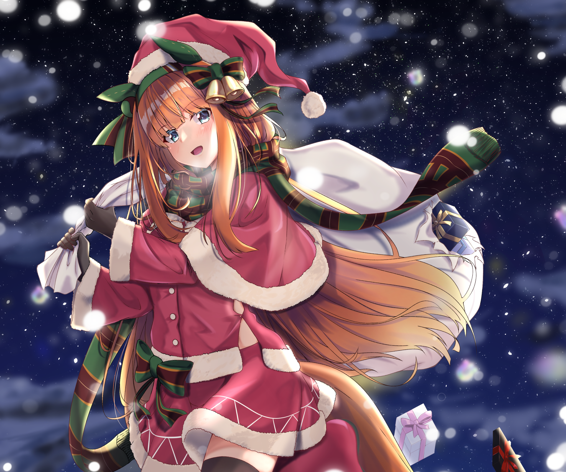 Silence Suzuka from Uma Musume: Pretty Derby in a snowy, starry night, wearing a festive Christmas coat and hat — vibrant anime Christmas 2K Quad HD PC desktop wallpaper.