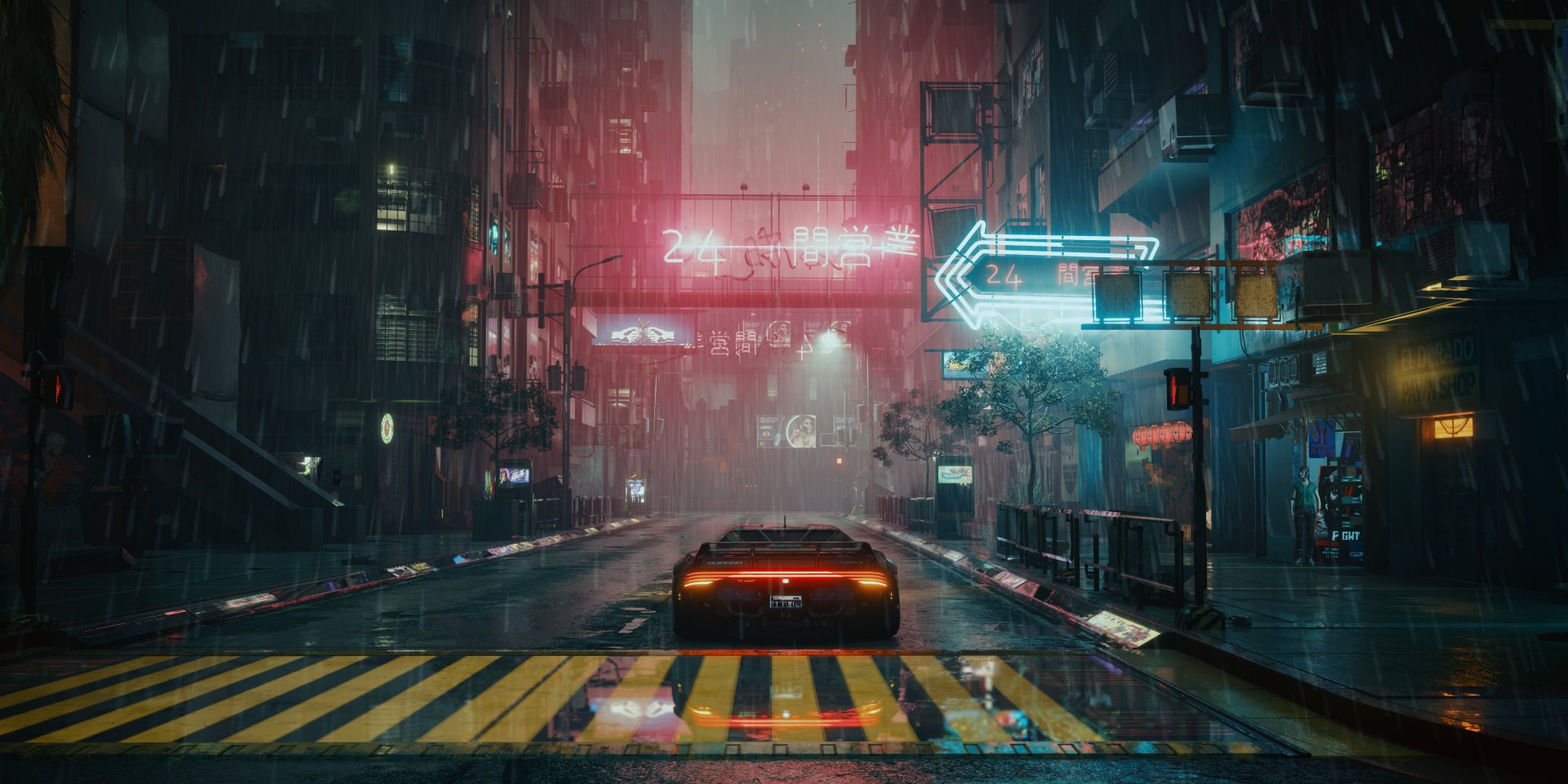 A striking 4K Ultra HD wallpaper from Cyberpunk 2077, featuring a neon-lit rainy cityscape with a sleek car on a yellow-striped street, capturing the game’s futuristic atmosphere.