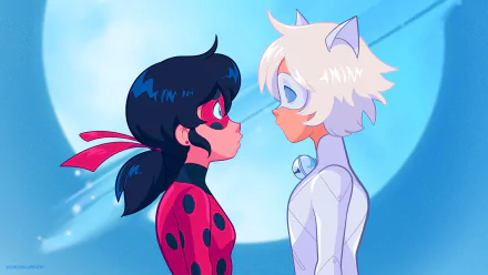 HD desktop wallpaper featuring Ladybug (Marinette Dupain-Cheng) and Cat Blanc from the TV show Miraculous Ladybug standing face-to-face under a glowing full moon.