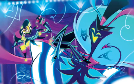 Vibrant 4K Ultra HD PC wallpaper of Helluva Boss characters Fizzarolli and Asmodeus in neon blues and pinks, dynamic poses and swirling hearts — TV show Helluva Boss desktop background