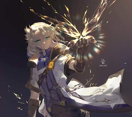 HD PC desktop wallpaper of Albedo (Genshin Impact) from the video game Genshin Impact, forming glowing alchemical sigils with a calm expression as light shards radiate.