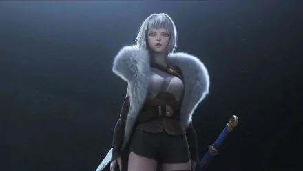 Anime wallpaper (Ling Long: Incarnation) — silver-haired female warrior in fur-trimmed coat and shorts, chest armor, holding sheathed sword, moody spotlight, 4K Ultra HD PC desktop background.