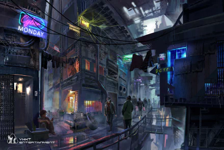 Anime — Ling Long: Incarnation: neon-lit cyberpunk alley at night, rain-slick streets, pedestrians and hanging laundry; 8K Ultra HD PC desktop wallpaper background.
