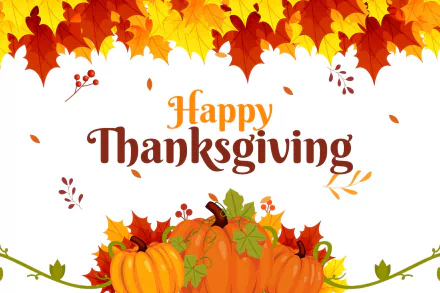 HD desktop wallpaper with vibrant autumn leaves, pumpkins, and Happy Thanksgiving text celebrating the Thanksgiving holiday.