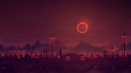 A dark Halloween-themed 4K Ultra HD desktop wallpaper featuring a spooky landscape with glowing jack-o'-lanterns, silhouetted tombstones, and an eerie red eclipse in the sky.