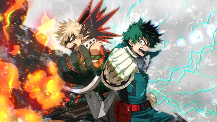 HD desktop wallpaper featuring Izuku Midoriya and Katsuki Bakugou from the anime My Hero Academia, showcasing an intense, action-packed scene with vibrant colors and dynamic energy effects.