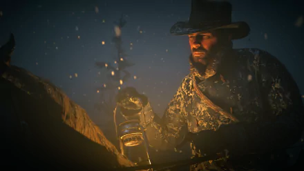 Arthur Morgan from Red Dead Redemption 2 holds a lantern in a dark, atmospheric scene, captured in 4K Ultra HD for a PC desktop wallpaper.