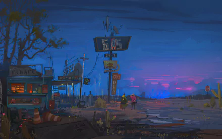 HD PC desktop wallpaper of a post-apocalyptic sci-fi gas station at dusk: battered pumps, flickering neon signs, and scattered survivors under a bruised purple sky.