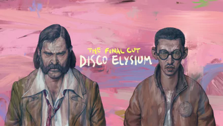 Video game Disco Elysium, 4K Ultra HD PC desktop wallpaper: two weary detectives stand against a pink painted backdrop with the The Final Cut title centered.