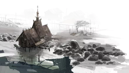 Disco Elysium video game 4K Ultra HD PC desktop wallpaper: foggy rocky shoreline with a weathered wooden shack and distant pier in muted monochrome tones.