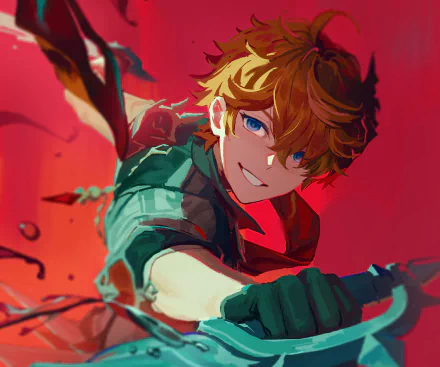 HD desktop wallpaper of Tartaglia Childe from the video game Genshin Impact, featuring vibrant colors and dynamic action pose.