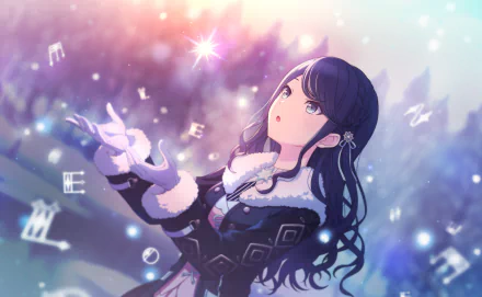 HD PC desktop wallpaper featuring Hoshino Ichika from the video game Project Sekai: Colorful Stage! feat. Hatsune Miku, with glowing musical notes and a dreamy background.