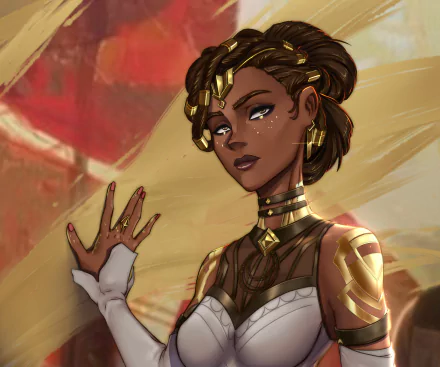 HD desktop wallpaper of Mel Medarda from the TV show Arcane, featuring her with intricate gold accessories and a confident expression against a warm-toned background.