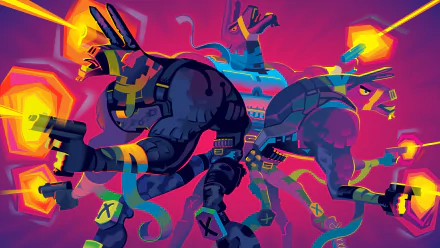 Fortnite loading screen video game 4K Ultra HD PC desktop wallpaper: two armored jackal-like figures back-to-back firing pistols amid neon pink, teal and orange ribbons and geometric light flares.