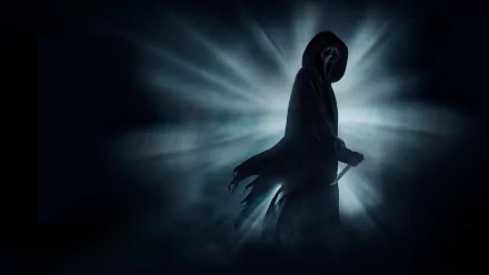 HD PC desktop wallpaper featuring a shadowy figure from the movie Scream (2022) with eerie backlighting creating a chilling atmosphere.