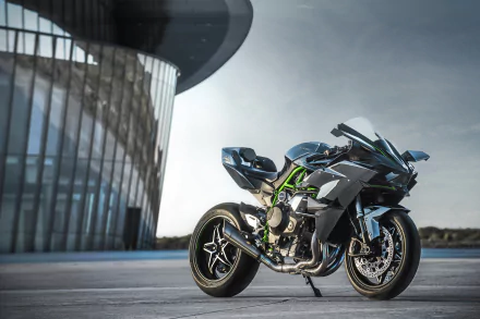 A sleek Kawasaki Ninja H2R motorcycle parked outdoors, showcased as an HD PC desktop wallpaper and background.