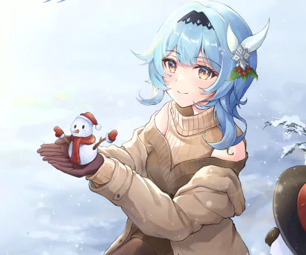 HD PC desktop wallpaper featuring Eula from Genshin Impact holding a small snowman, set in a snowy outdoor scene from the video game Genshin Impact.