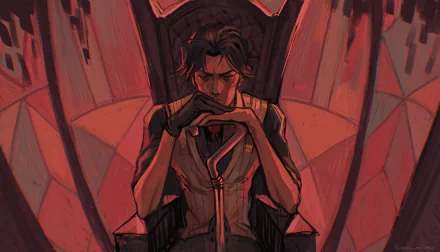 HD PC desktop wallpaper featuring Viktor from the TV show Arcane, showcasing a dark, intense atmosphere with the character seated on a throne.