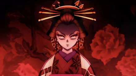 Daki from Demon Slayer: Kimetsu no Yaiba in a striking red and black 4K Ultra HD anime wallpaper, featuring detailed traditional attire and an intense expression.