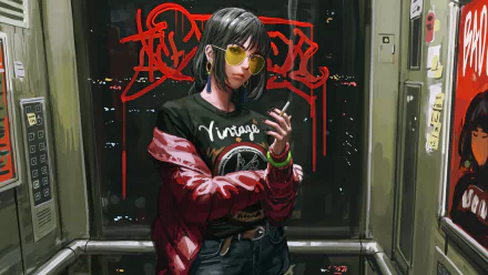 HD anime desktop wallpaper featuring a girl with short hair, wearing a vintage tee and red jacket, smoking in an urban setting with graffiti in the background.