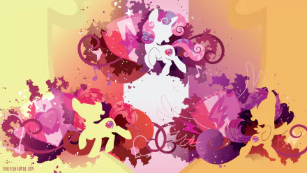 Minimalist 4K PC desktop wallpaper featuring Scootaloo, Apple Bloom and Sweetie Belle from My Little Pony: Friendship Is Magic amid colorful abstract swirls and hearts.