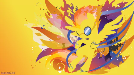 Minimalist 4K Ultra HD PC desktop wallpaper of Spitfire from My Little Pony: Friendship Is Magic — yellow pegasus with goggles amid vibrant orange, purple and blue paint splashes