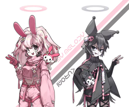 HD PC desktop wallpaper featuring My Melody and Kuromi from the anime Onegai My Melody in vibrant, stylized pink and black outfits.