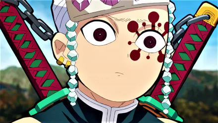 HD desktop wallpaper featuring Tengen Uzui from the anime Demon Slayer: Kimetsu no Yaiba, showcasing his distinctive headgear, twin swords on his back, and a surprised expression.