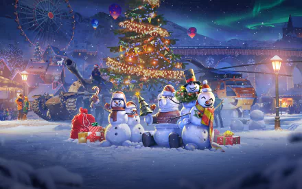 HD PC desktop wallpaper featuring a festive World of Tanks scene with decorated tanks, snowmen, gifts, and a Christmas tree under a starry night sky.