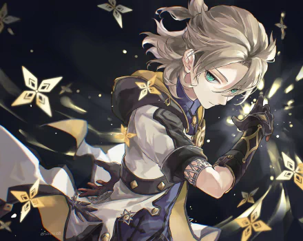 Albedo from Genshin Impact in a dynamic pose surrounded by glowing Geo sigils and alchemical sparks — HD PC desktop wallpaper/background for the Genshin Impact video game.