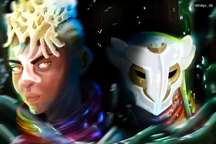 4K Ultra HD wallpaper featuring Ekko from the TV show Arcane, showcasing his intense gaze alongside a mysterious masked figure in a dynamic, dark-toned background.