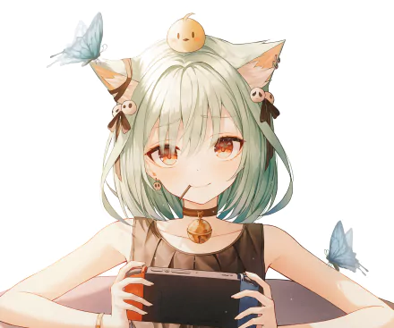 4K PC wallpaper of hololive VTuber Uruha Rushia — cat-eared anime girl with mint-green hair, bell choker, butterflies, smiling while holding a game controller.