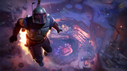Boba Fett descending into a neon-lit Fortnite arena, cinematic video game scene rendered as an HD PC desktop wallpaper and background.