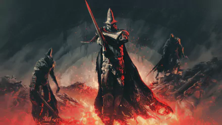 A 4K Ultra HD Dark Souls III wallpaper depicting the Abyss Watchers in dark armor wielding swords amidst glowing embers and a smoky battlefield.