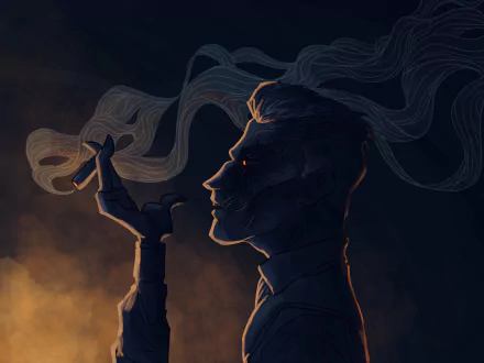 HD desktop wallpaper of Silco from the TV show Arcane (League of Legends), featuring a dark, smoky profile with glowing orange eyes.
