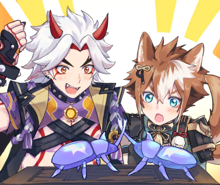 HD PC desktop wallpaper featuring Genshin Impact characters Gorou and Arataki Itto in vibrant anime-style artwork.