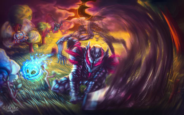 Guts (Berserk) lunging through a dark whirlwind with a glowing blue spirit, intense anime scene in vivid colors — 4K Ultra HD PC desktop wallpaper/background.