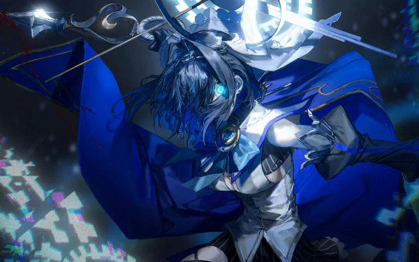 HD anime-style desktop wallpaper featuring Ouro Kronii, a Virtual YouTuber, portrayed with dynamic lighting and futuristic elements in shades of blue and black.