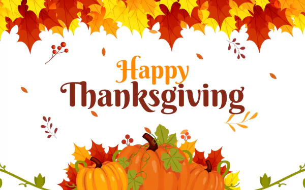 HD desktop wallpaper with vibrant autumn leaves, pumpkins, and Happy Thanksgiving text celebrating the Thanksgiving holiday.