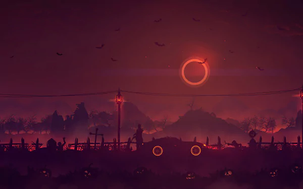 A dark Halloween-themed 4K Ultra HD desktop wallpaper featuring a spooky landscape with glowing jack-o'-lanterns, silhouetted tombstones, and an eerie red eclipse in the sky.