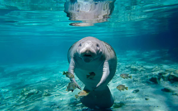 Underwater 4K Ultra HD image of a manatee swimming alongside small fish in clear blue water, showcasing vibrant marine life for a PC desktop wallpaper.