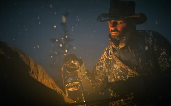 Arthur Morgan from Red Dead Redemption 2 holds a lantern in a dark, atmospheric scene, captured in 4K Ultra HD for a PC desktop wallpaper.