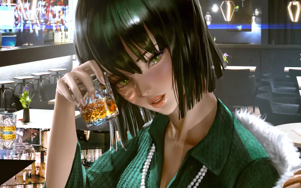4K Ultra HD anime desktop wallpaper featuring Fubuki from One-Punch Man, depicted with short dark hair and a green outfit in a stylish bar setting.