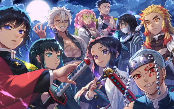 A dynamic group shot featuring prominent characters from Demon Slayer: Kimetsu no Yaiba in a high-definition desktop wallpaper.