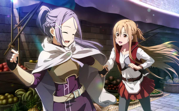 HD PC desktop wallpaper featuring Asuna Yuuki and Mito from the anime Sword Art Online, showcasing them in a lively market setting with vibrant colors and detailed backgrounds.