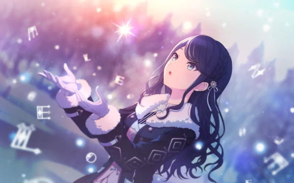 HD PC desktop wallpaper featuring Hoshino Ichika from the video game Project Sekai: Colorful Stage! feat. Hatsune Miku, with glowing musical notes and a dreamy background.