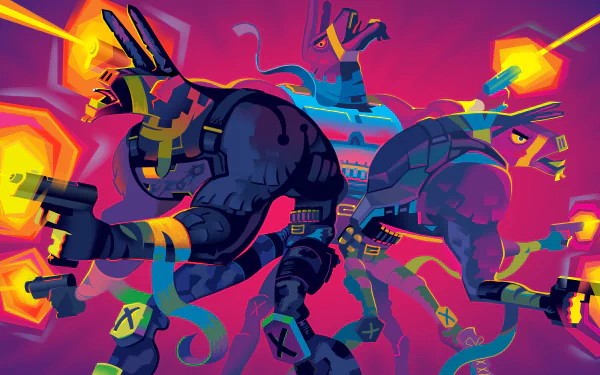 Fortnite loading screen video game 4K Ultra HD PC desktop wallpaper: two armored jackal-like figures back-to-back firing pistols amid neon pink, teal and orange ribbons and geometric light flares.